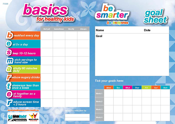 An image of a goal sheet 'basics for healthy kids - be smarter be bodywise'