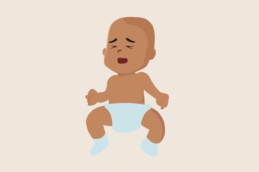 Illustration of a baby wearing a nappy and socks, crying with eyes squeezed shut.