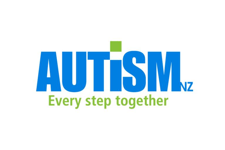 Autism NZ logo featuring "AUTISM NZ" in bold blue letters and the tagline "Every step together" in green text below.