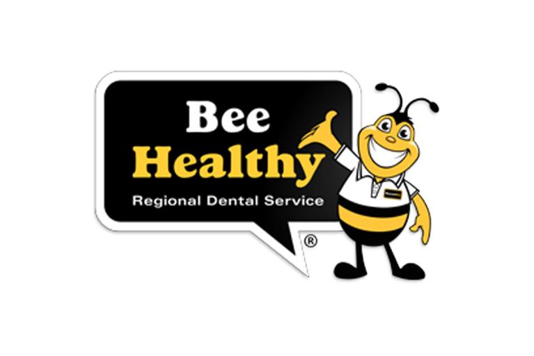 The Regional Dental Service's "Bee Healthy" logo features a cartoon bee mascot wearing a white polo shirt beside a black speech bubble containing the words "Bee Healthy" in white and yellow, with "Regional Dental Service" underneath.