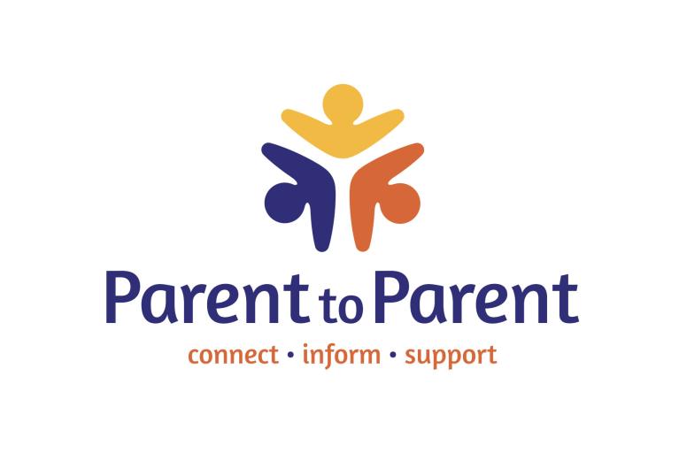 Parent to Parent logo featuring a stylised icon of three connected figures in yellow, navy blue and orange above the organisation name in navy blue, with the tagline "connect, inform, support" in orange below.