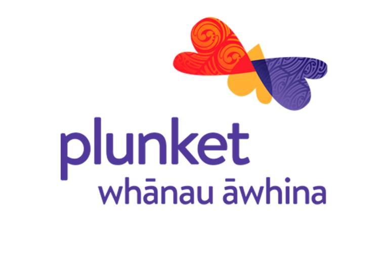 The Plunket logo features a stylised butterfly design with swirled patterns in red, yellow, and purple wings, positioned above the organisation's name in purple lowercase letters, with "whānau āwhina" written beneath in te reo Māori.