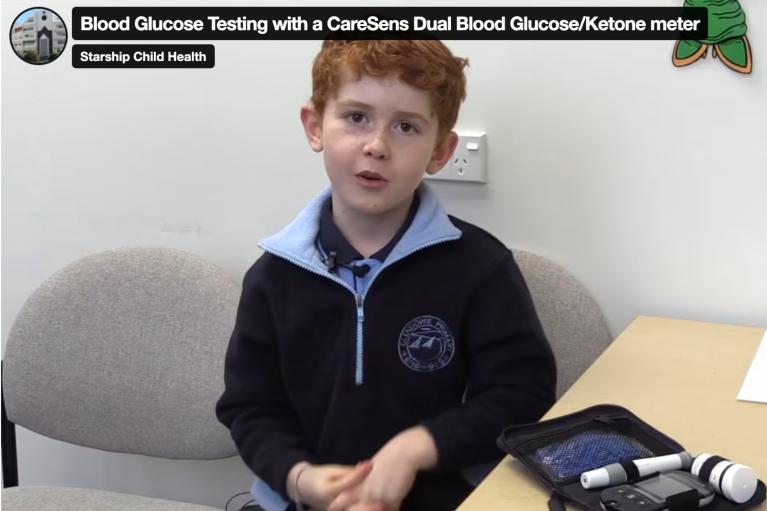 screenshot of a video by starship child health about blood glucose testing