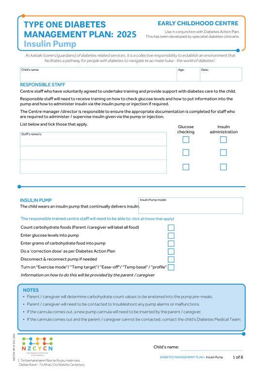 Diabetes insulin pump management plan for ECE 2025
