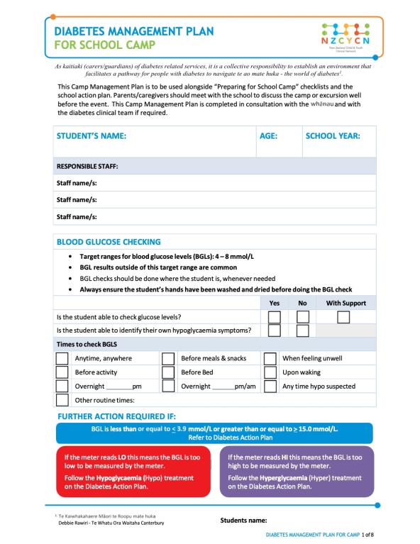 Screenshot of the cover of the diabetes management plan for school camp