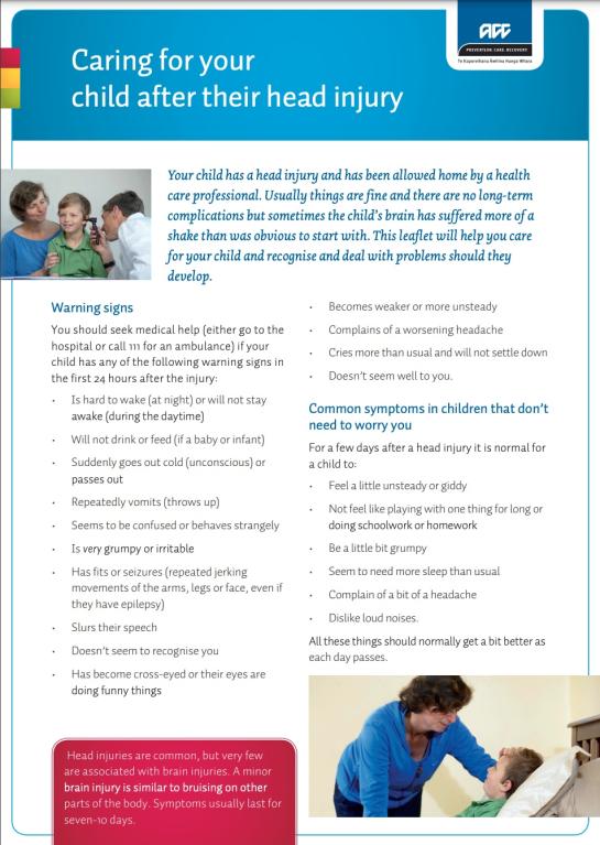 screenschot of the cover of the ACC caring for your child after their head injury book