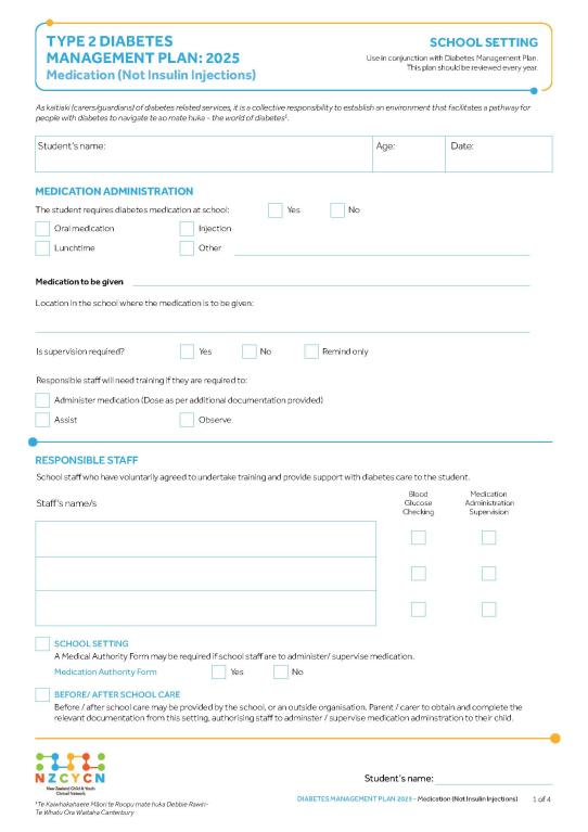 Image of NZCYCN school management plan type 2 diabetes (medication) 2025