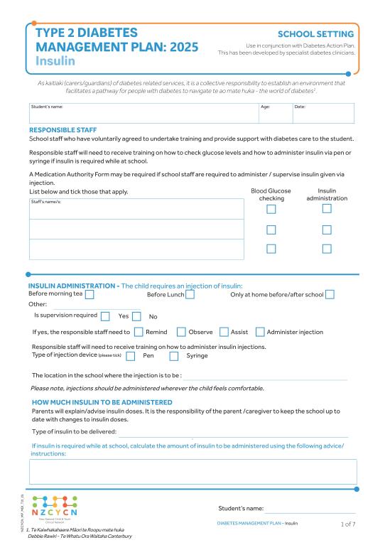 Cover of NZCYCN school management plan type 2 diabetes (insulin injections)