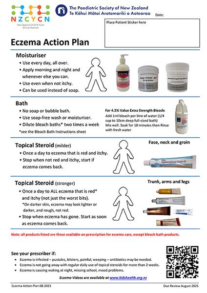 Image of an Eczema Action Plan provided by The Paediatric Society of New Zealand. The plan includes step-by-step instructions on managing eczema with moisturisers, baths, and topical steroids.