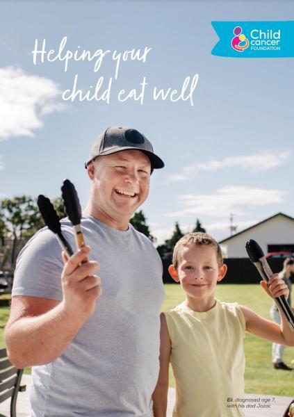 Thumbnail image of the cover of the child cancer foundation book on healthy eating in childhood cancer.