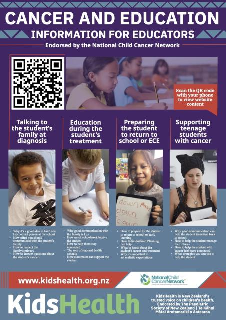 KidsHealth QR code poster linking to the cancer and education information for educators