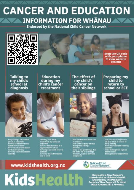 KidsHealth QR code poster linking to the cancer and education information for whānau site