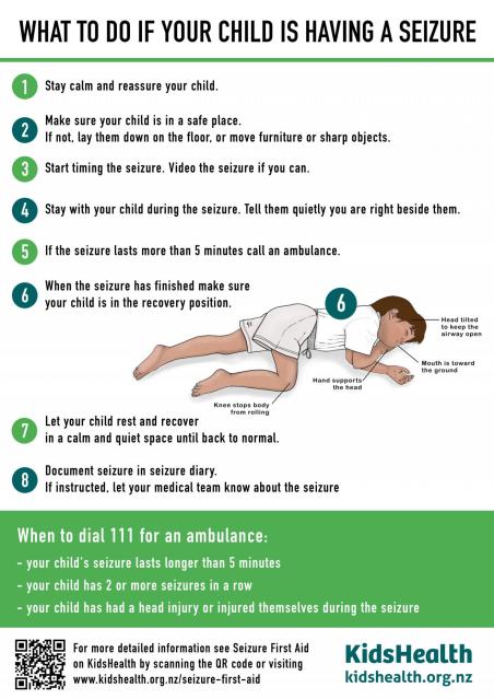 A medical infographic from KidsHealth New Zealand outlining eight essential steps for managing a child's seizure, including when to call an ambulance and how to place them in the recovery position, with accompanying illustrations.