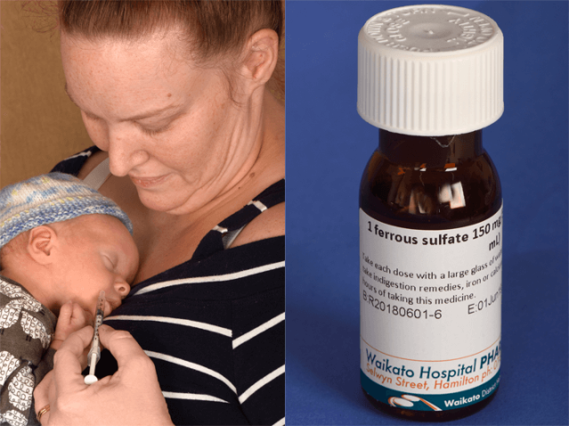 A mother giving iron to her baby, next to a photo of a bottle of iron.