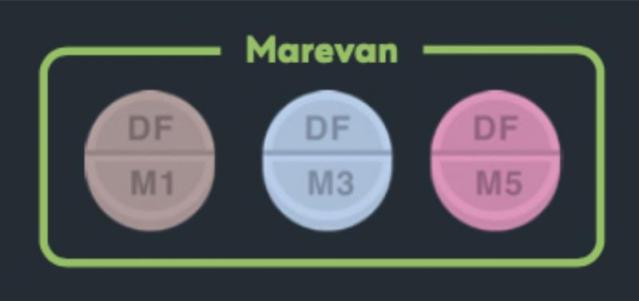 Image of Marevan brand warfarin tablets at 3 different strengths 