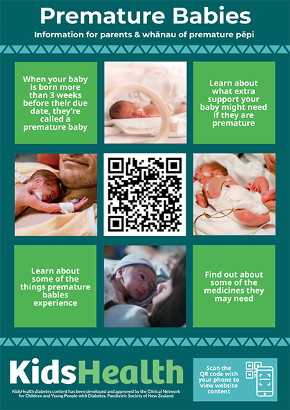 QR code poster for KidsHealth showing different content on premature babies. 