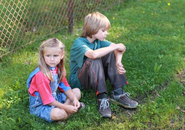 Two young children, a boy and a girl, sit on the grass by a wire fence. The girl, wearing a red shirt and denim overalls, looks serious, while the boy, in a green shirt and brown pants, sits with his arms crossed on his knees, gazing downward at his arm.