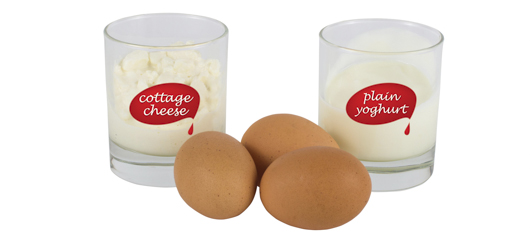 Glasses of cottage cheese and plain yoghurt, and eggs