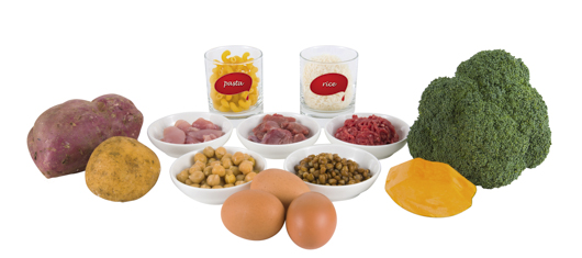 Vegetables (kumara, potato, pumpkin, broccoli), bowls of raw meat and legumes, eggs, glasses of pasta and rice