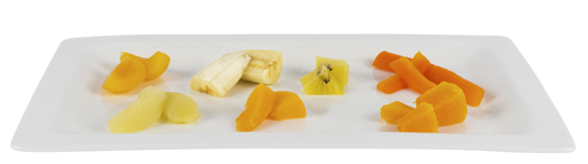 Platter of soft fruit and vegetable pieces