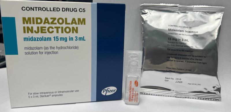 Midazolam box, foil packet and ampoule 