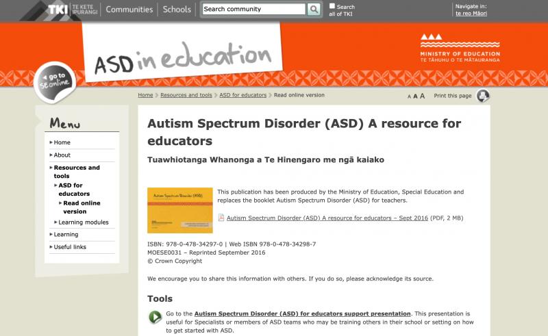Screenshot of TKI website page on ASD resource for educators
