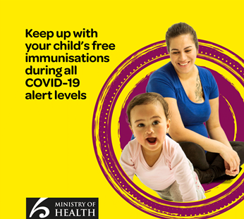 Image of mother and child with text: Keep up with your child's free immunisations during all COVID-19 alert levels