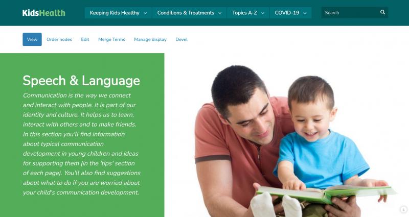Screenshot of KidsHealth website - speech and language section