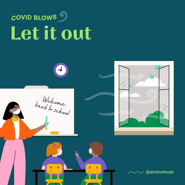 Graphic of people inside with window open with the words 'COVID blows - let it out'