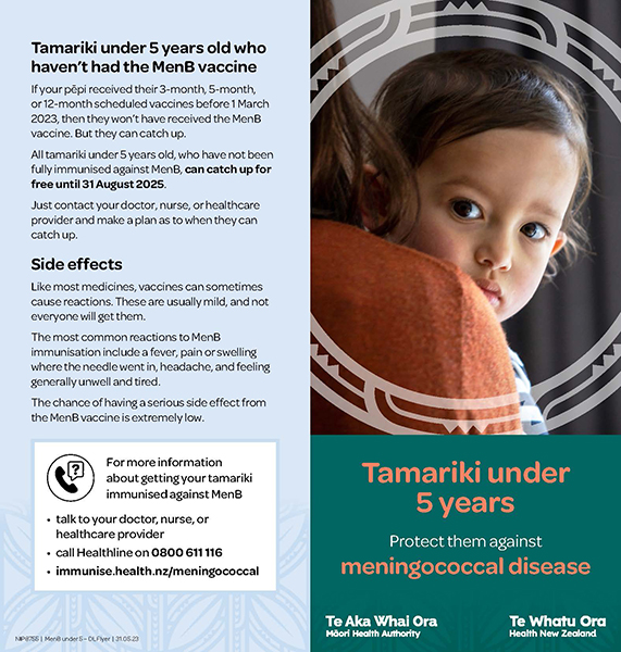 Cover of pamphlet about protection against meningococcal disease for tamariki