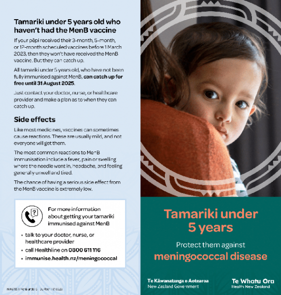 Cover of pamphlet about protection against meningococcal disease for tamariki
