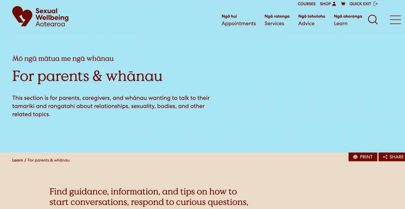 A screenshot of the sexual wellbeing aotearoa website section for parents and caregivers, with the organisation's logo and written content
