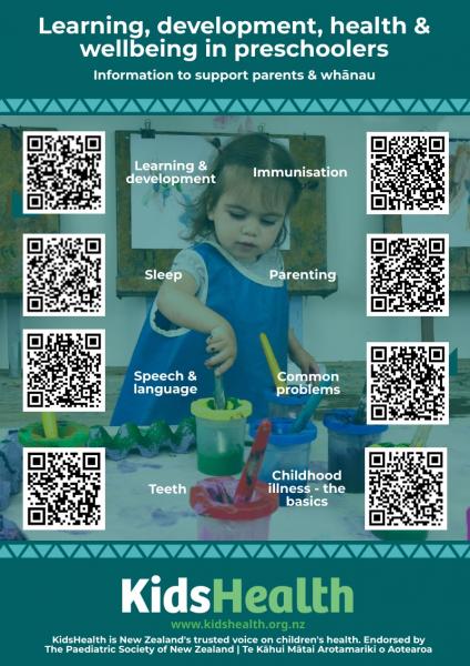 QR code poster for KidsHealth on topics for preschoolers
