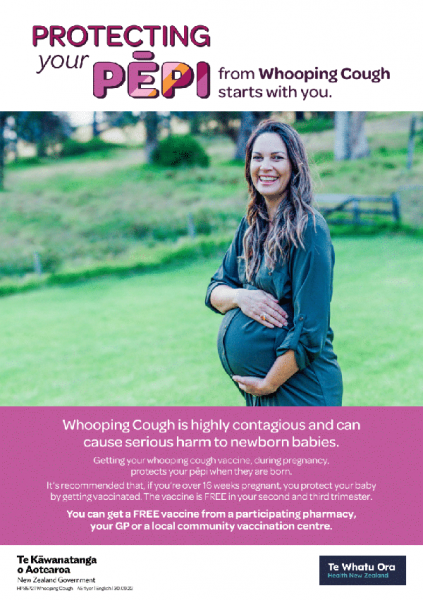 Image of a poster of a pregnant woman and the words 'Protecting your pēpi from whooping cough starts with you'