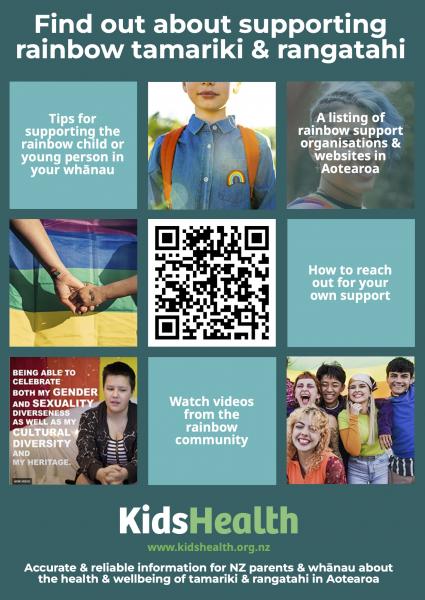 A QR code poster displaying KidsHealth content on supporting rainbow tamariki and rangatahi