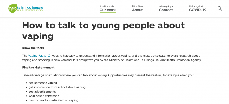 How to talk to young people about vaping website screenshot