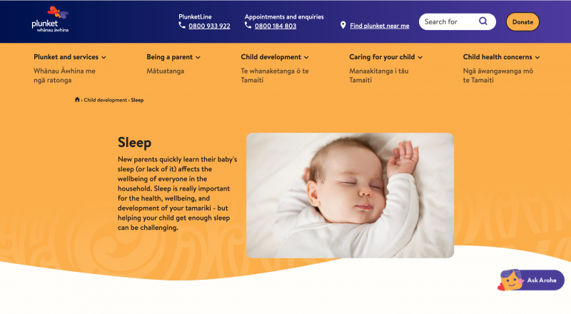 Screenshot of Plunket website section on sleep 
