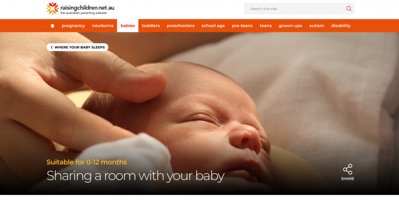 Screenshot of Raising Children website section on where your baby sleeps