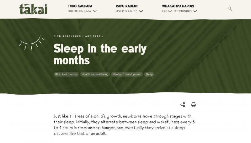 Screenshot of the Takai website section on sleep in the early months 