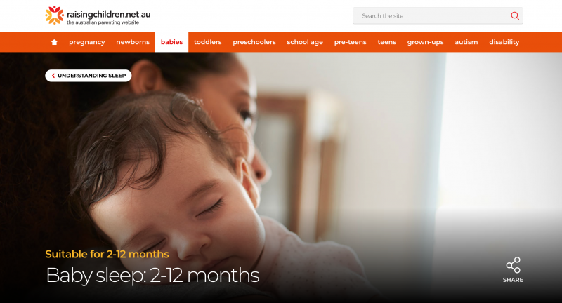 Screenshot of Raising Children website baby sleep section