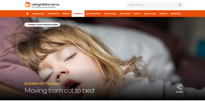 Screenshot of Raising Children website section on moving from cot to bed