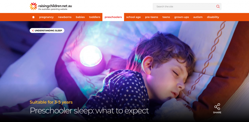 Screenshot of the Raising Children website section on sleep 