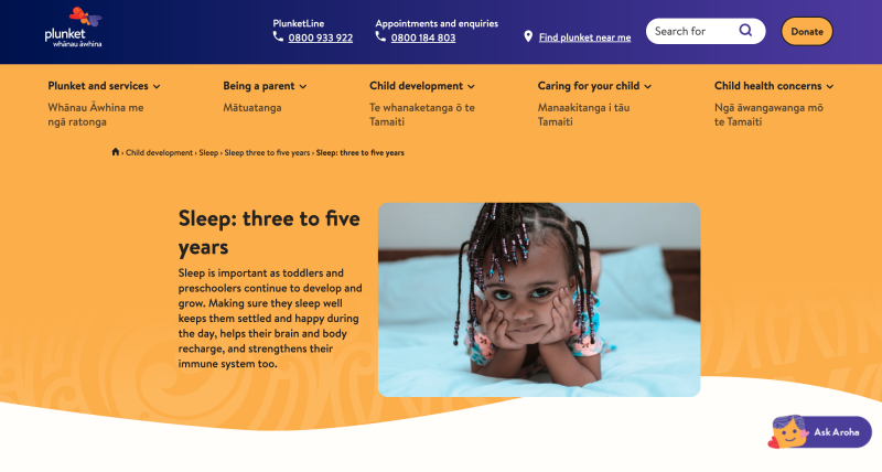 Screenshot of Plunket website section on sleep for three to five year olds