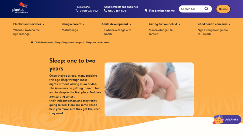 Screenshot of the Plunket website section on toddler sleep