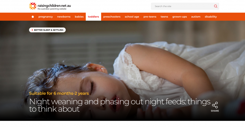 Screenshot of Raising Children website section on night weaning