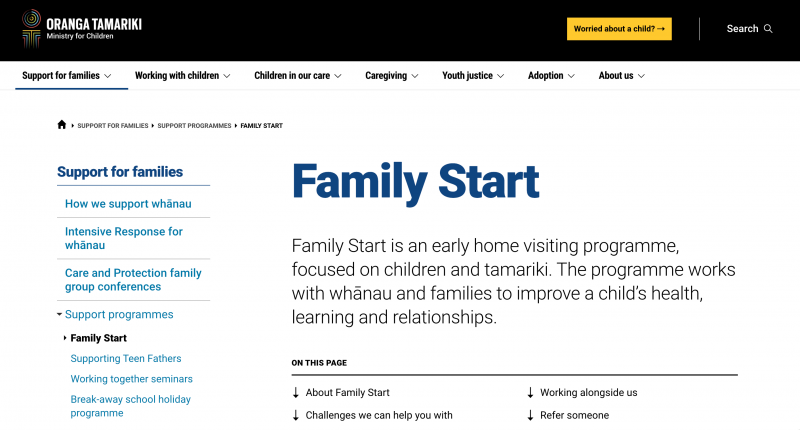 screenshot of family start website