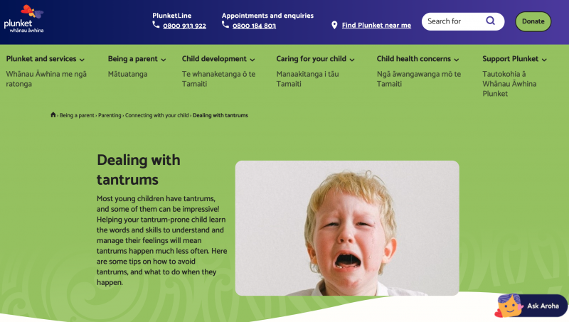 screenshot of plunket website section on tantrums