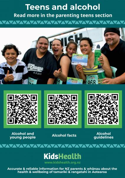 A QR code poster displaying KidsHealth content on teens and alcohol