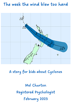 Cover of booklet showing text, a map or New Zealand showing the path of a cycloneloud and rain 