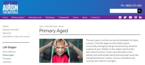 Image of Altogether Autism website section on primary-aged children